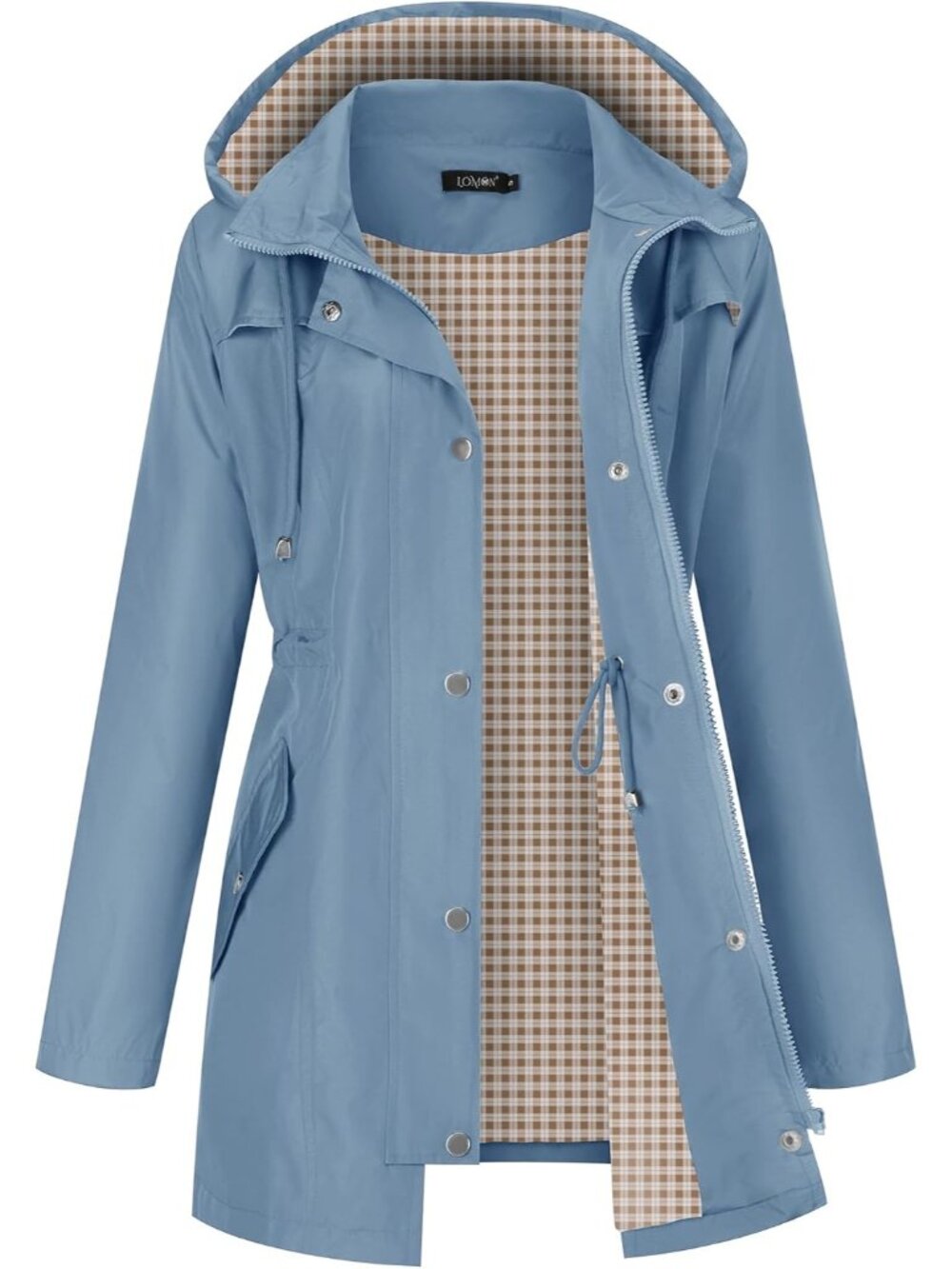Women's Blue Long Sleeve Lined Jacket Lightweight Hood Jacket Rain Trench Coats